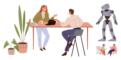 Two colleagues discussing over coffee, engaging with a laptop, indoor plants, a futuristic robot, and people relaxing. Ideal for teamwork, technology, innovation, collaboration work-life balance