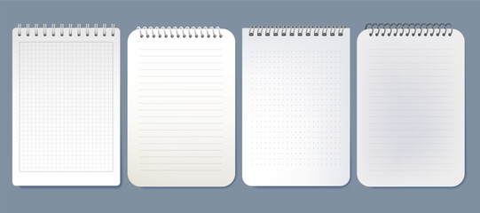 Realistic notebook page mockup. Vector spiral-bound paper for school and office, memo. Writing background for document or letter. Blank or empty journal note closeup. Education, documentation.