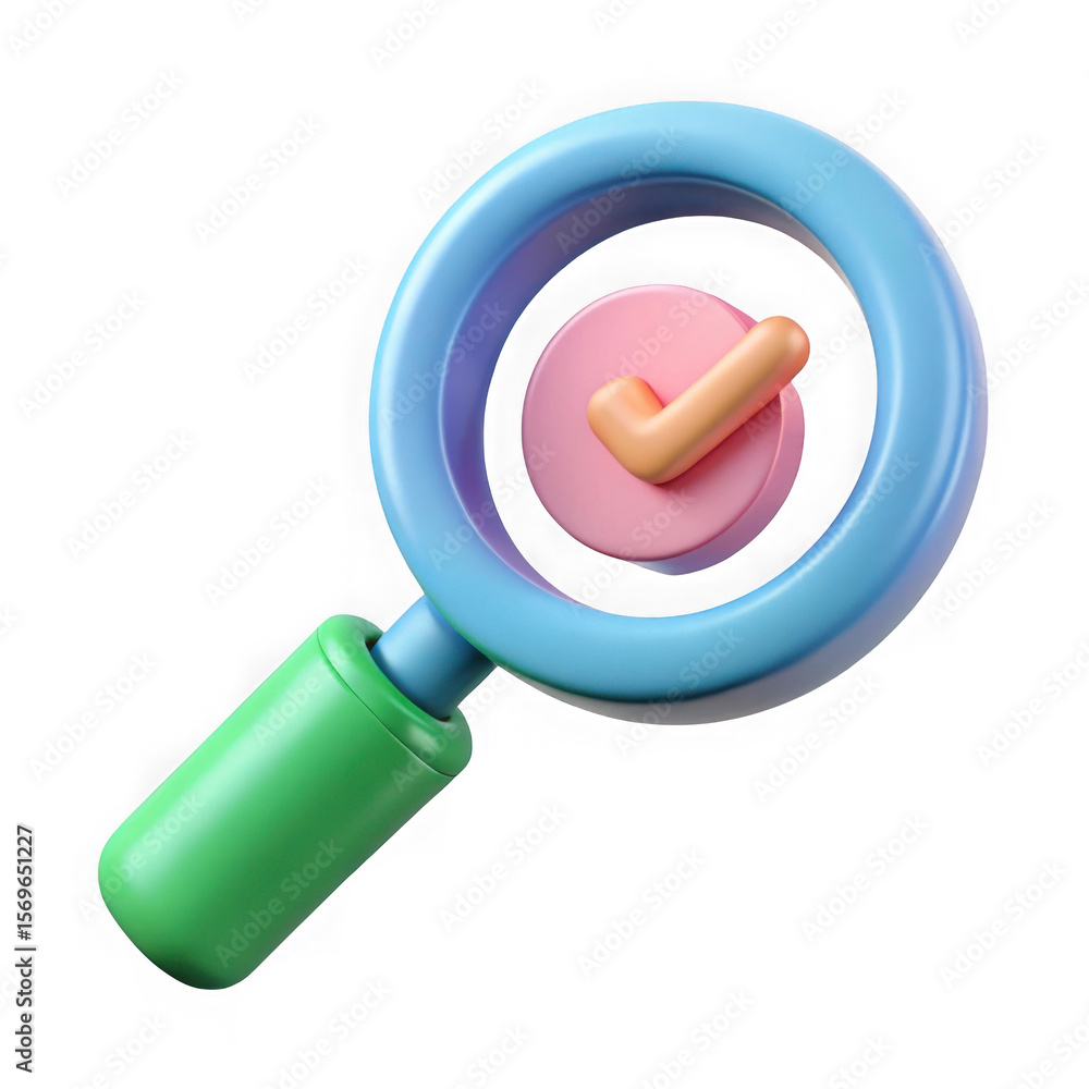 Poster 3d magnifying glass with check mark isolated on transparent background