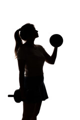 silhouette of young woman doing exercises with dumbbells on white background, girl engaged in sport, concept of beauty and health