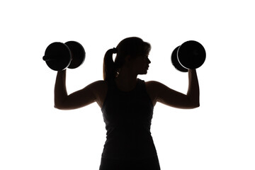 silhouette of young woman with dumbbells in hands on white isolated background, girl engaged in sport, concept of beauty and health