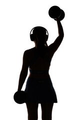 silhouette of young woman dumbbells and in headphones on white background, girl engaged in sport, concept of beauty and health
