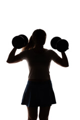 silhouette of young woman doing exercises with dumbbells on white background, girl engaged in sport, concept of beauty and health