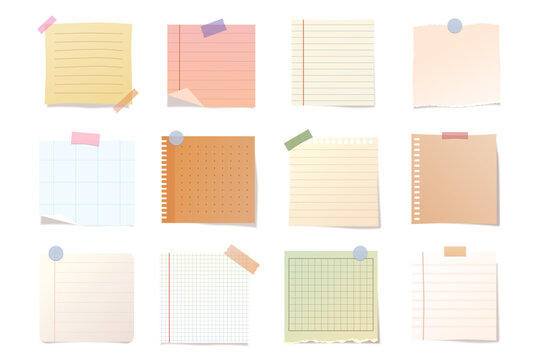 Vector set of paper stickers or sticky notes for planner or office. Collection of adhesive labels or empty write surface, memo tag. School reminder or blank scrapbook clipart. Blank notebook page, tag