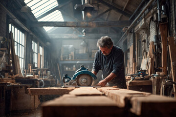 Carpenter using circular saw for wood beam a new home constructiion project