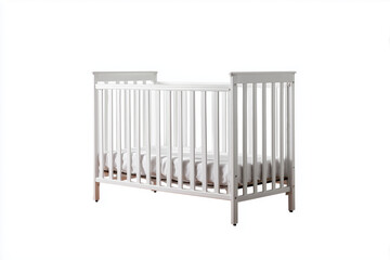 Toddler bassinet with cushion isolated on white background, Selective focus newborn baby cage with futon and pillow, Infant bed in rattan basket.