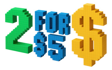 Obraz premium Bold 2 FOR $5 promo in blocky pixel style, eye-catching retail discount sticker on transparent background.