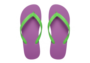 A pair of purple flipflops with green straps, isolated on transparent background