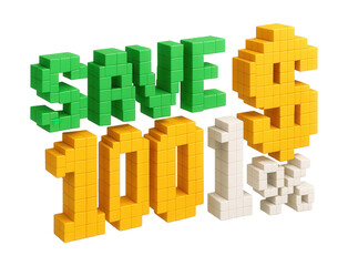 Blocky 3D text reading SAVE 100% in vibrant green and yellow, dynamic retail discount offer on transparent background.