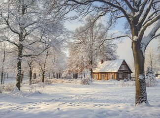 Snow-covered cottage nestled in a winter wonderland, sunlight illuminating the scene.