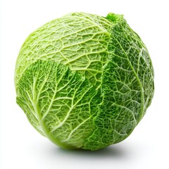 Fototapeta premium A fresh green cabbage with textured leaves isolated on a white background.