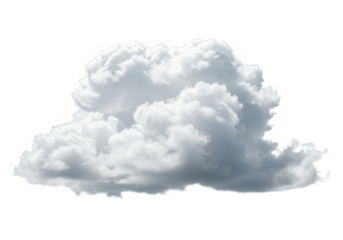 A single fluffy cumulus cloud floats peacefully, isolated on transparent background, showcasing its soft texture and ethereal form