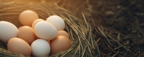 A nest filled with fresh brown and white eggs resting on dry hay with soft sunlight illuminating the scene.