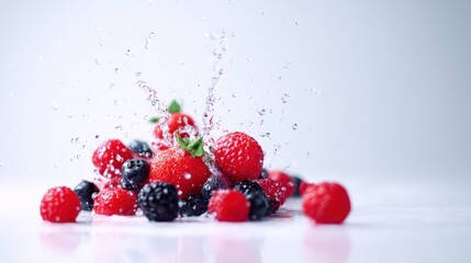 Fresh mixed berries splashing in water on a white surface with droplets frozen mid-air.
