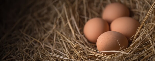 Four brown eggs resting in a nest made of straw, illuminated by soft natural light.