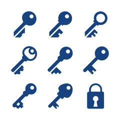 Collection of blue keys and padlock icons security