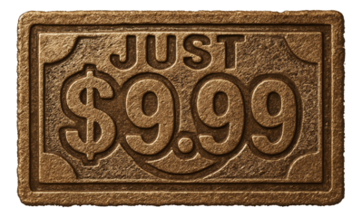 Vintage tag shape with JUST $9.99 in textured stone effect, compelling retail sale promotion on transparent background.