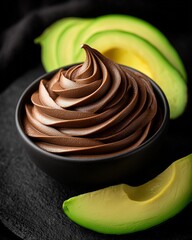 A gourmet, no-bake dessert concept, showcasing a velvety chocolate avocado mousse with beautiful specular highlights, styled with its fresh ingredients to emphasize a healthy lifestyle.