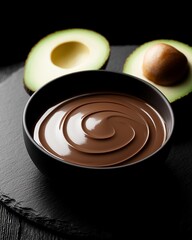 A gourmet, no-bake dessert concept, showcasing a velvety chocolate avocado mousse with beautiful specular highlights, styled with its fresh ingredients to emphasize a healthy lifestyle.