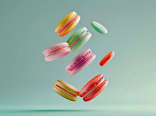 Delicious round multicolored macarons flying in the air on a blue background