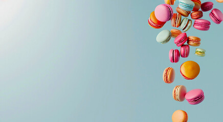 Delicious round multicolored macarons flying in the air on a blue background