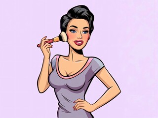 Cartoon Pop Art Woman Applying Makeup with Happy Expression on Plain Background