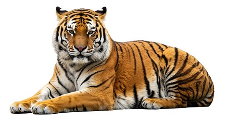 Striking Orange Striped Tiger Resting on White Background