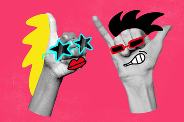 3d full poster artwork collage of two cool hand show like reaction gesture loose shaka cartoon...