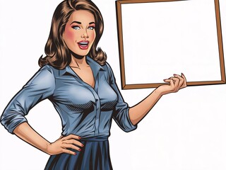 Cartoon Pop Art Woman Holding Blank Notice Board with Summer Vibe