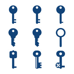 Collection of blue keys on a white background object symbol