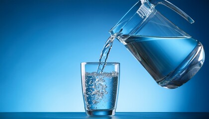 fresh water pouring from pitcher into clear glass on blue background
