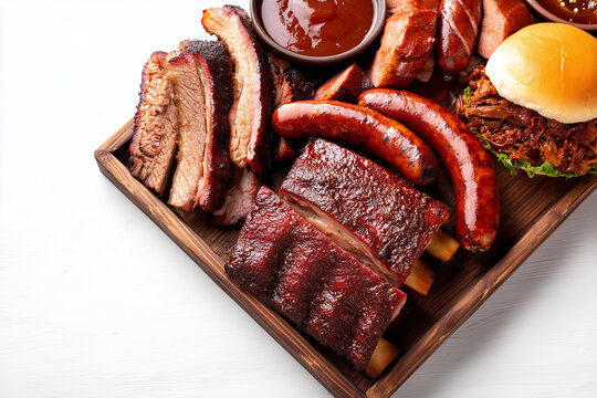 Set of smoked barbecue brisket in tray isolated on white background, Texas barbecue style braised pork, sausage, bun and smoked brisket on white background, Tender and rich of flavor barbecue grilled.