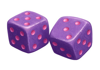 Two purple dice with pink dots are isolated on a transparent background, symbolizing games of chance