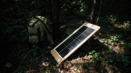 Fototapeta premium Portable solar panel in forest near backpack under morning light