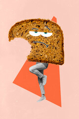 Vertical 3d poster art collage of anonym bodyless guy stand instead body loaf bite wheat sandwich...