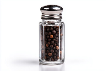 Selective focus black pepper bottle with stainless cap isolated on white background, Food condiment on dinning table in restaurant.