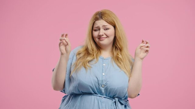 Sarcastic Plus Size Woman With Hands, Fingers Air Quotes Gesture On Pink,Sarcasm
