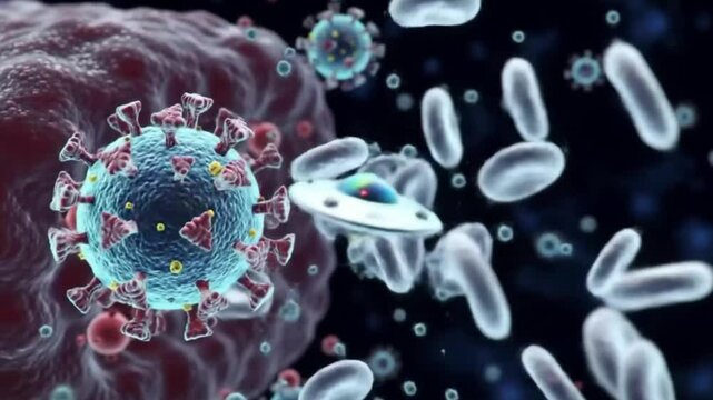 Ilustrasi 3D sel virus dan bakteri medis, dengan latar belakang biru energi kehidupan biologis