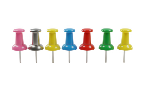 Colorful pushpins in a row isolated on transparent background