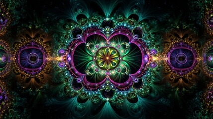 Fototapeta premium Intricate fractal pattern with vibrant neon hues and symmetrical design