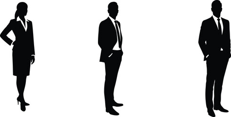 Business professionals in silhouette, standing confidently, formal office attire, corporate teamwork, leadership concept, diversity, executive presence, modern businesspeople illustration
