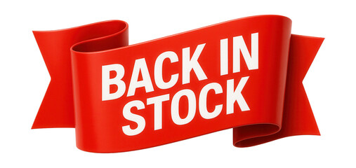 Glossy red ribbon banner with BACK IN STOCK in bold text, striking retail promotion on transparent background.