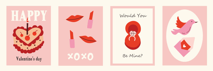Set of Valentine's Day poster, greeting card, cover, label, sale promotion templates, pattern background with cake, bird, letter, lips vector elements illustration in modern trendy geometric style.