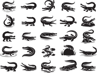 Crocodile silhouette set black vector outline flat illustration