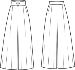 Wide leg pleated palazzo pants technical sketch, front and back view, fashion cad drawing flat vector illustration for design