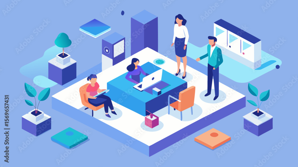 Poster modern office scene with diverse team working and collaborating in a creative workspace