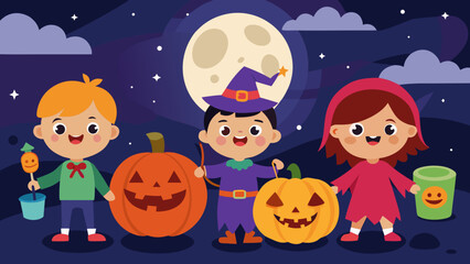 Smiling kids in Halloween costumes with candy buckets and pumpkins under a bright full moon