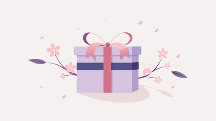 Obraz premium Elegant purple gift box with pink ribbon and floral decoration on a light background