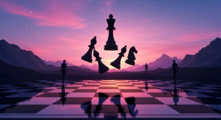 Surreal Chess Game Under a Cosmic Sunset Sky