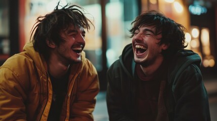 Two young men with dark hair laughing heartily, street scene blurred in the background